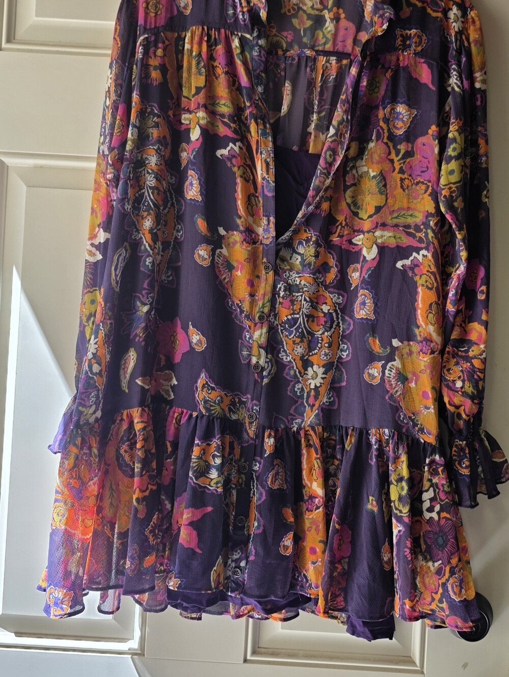 Free People Purple Floral Button-Front Ruffle Tunic